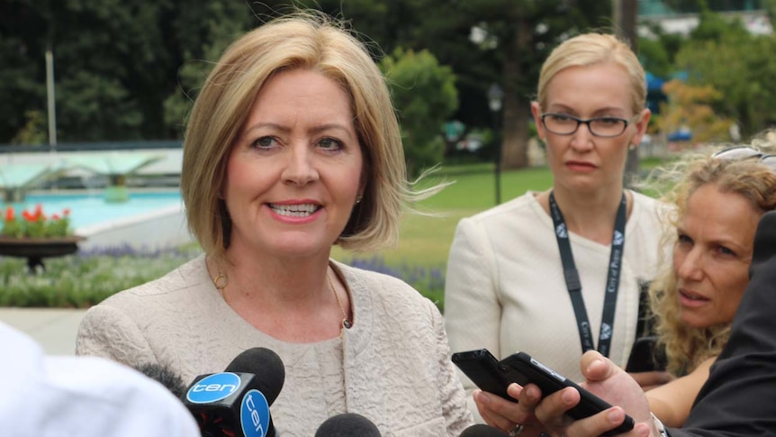 Close-up of Perth Lord Mayor Lisa Scaffidi with journalists.