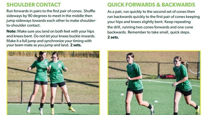 Image of soccer players doing warm-up exercises with captions describing how to do them