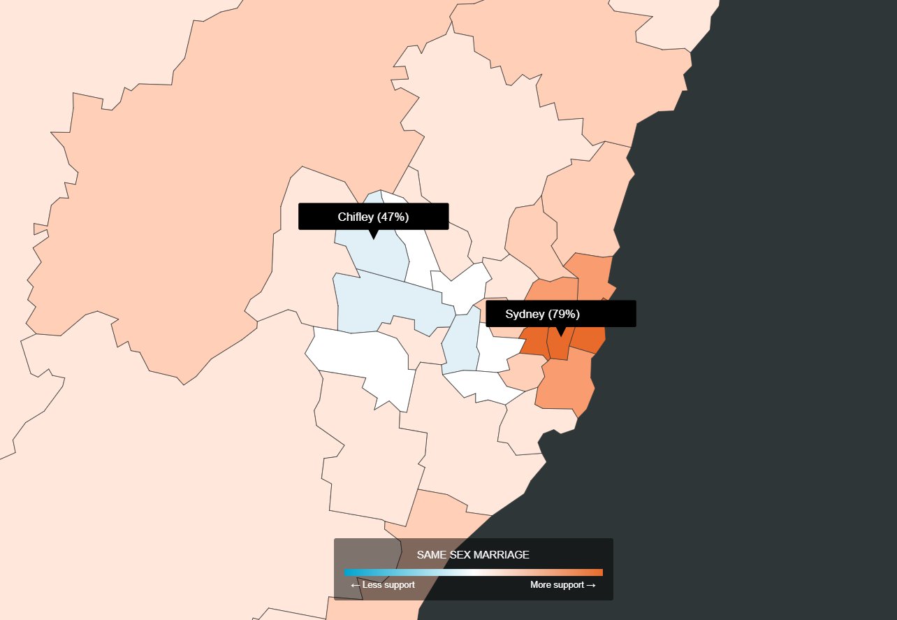 A map of Sydney shows support in the inner versus outer suburbs.
