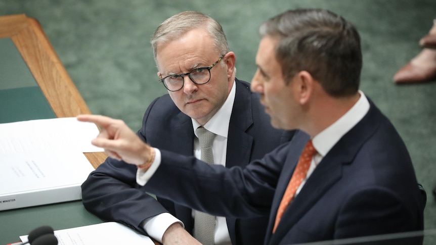 Albanese looks at Treasurer Jim Chalmers who is standing and speaking at the despatch box.