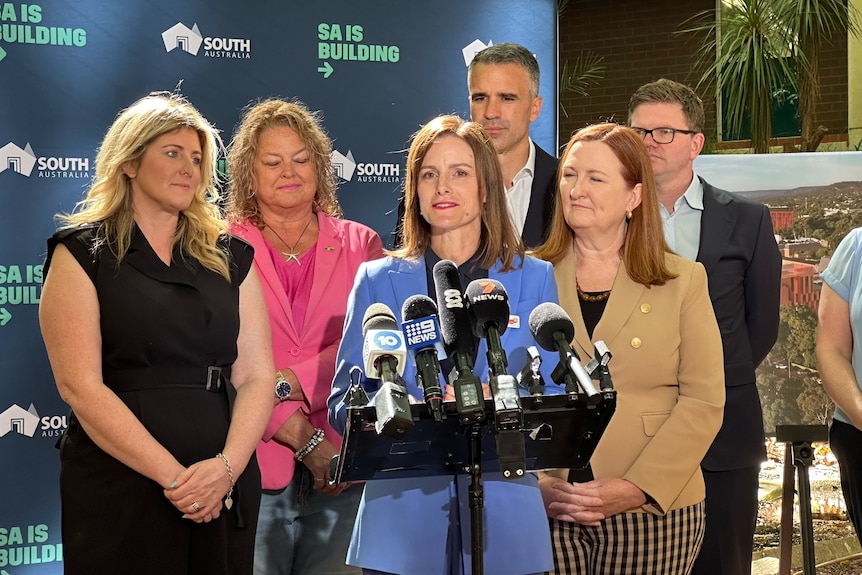 A group of South Australian Labor MPs stand beside Cressida O'Hanlon at a press conference