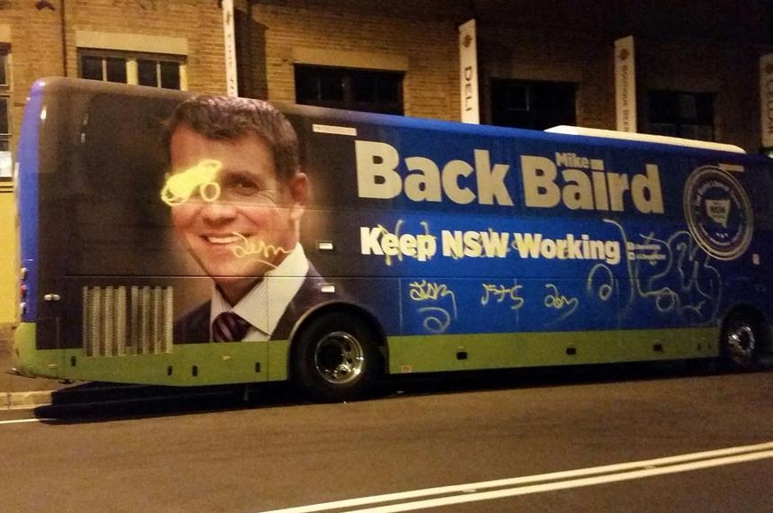 Mike Baird's vandalised election bus