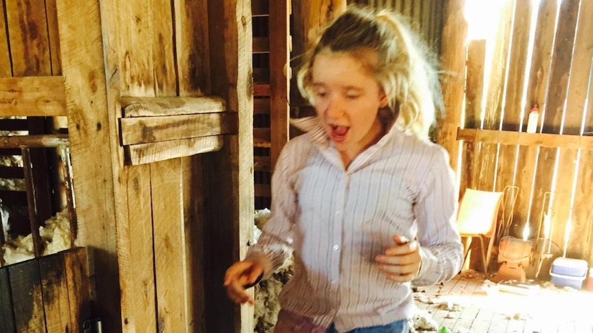 A girl talking to a young child in a woolshed.