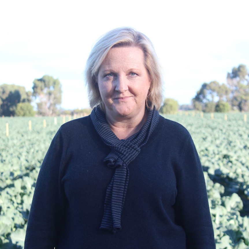 A close up photograph of a woman standing in front of a broccoli crop.