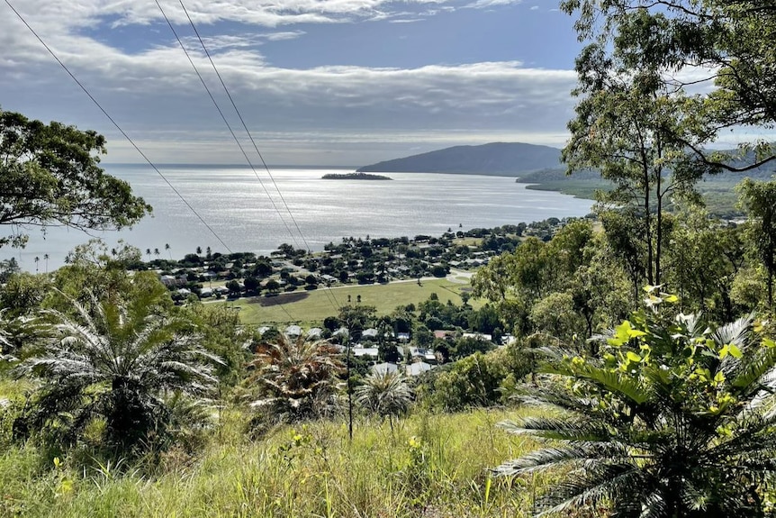  A field of long grass and trees leads to the beachside-side village with rows of houses overlooking the bay