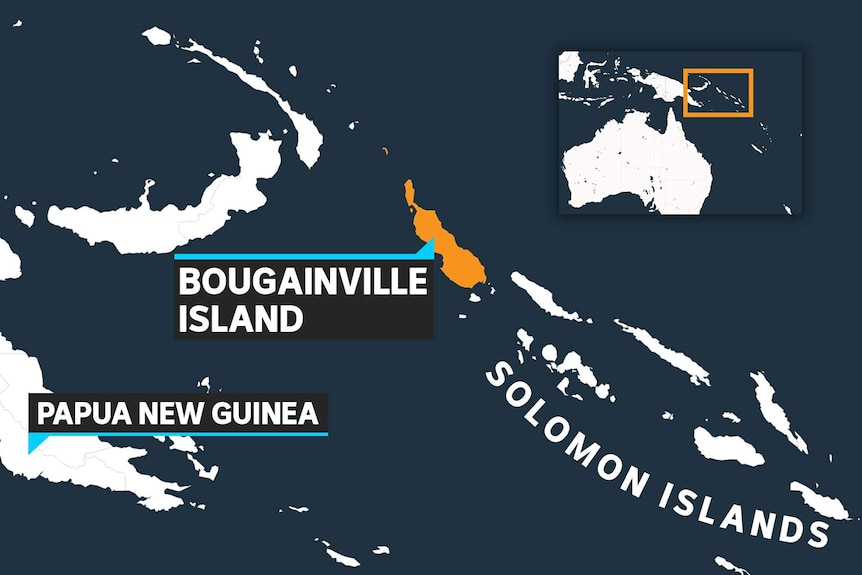 A map showing the areas that make up Bougainville in orange. It is northwest of Solomon Islands and to the east of PNG.