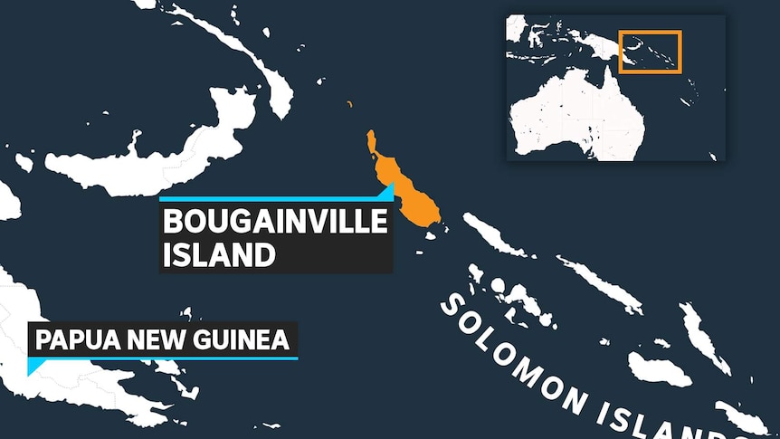 A map showing the areas that make up Bougainville in orange. It is northwest of Solomon Islands and to the east of PNG.