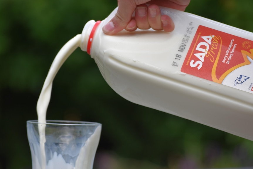 A two-litre bottle of SADA fresh milk being poured into a glass.