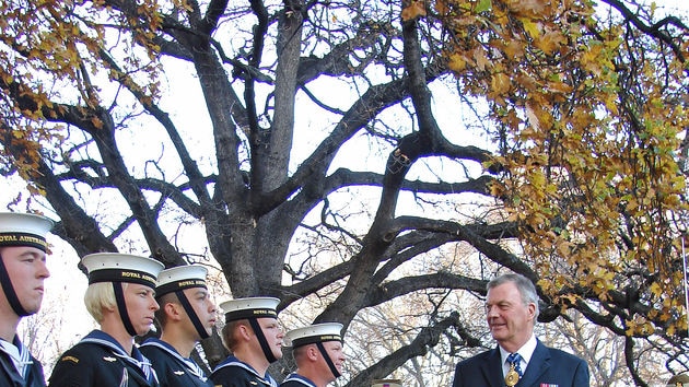 Tasmanian Governor Peter Underwood inspects the parade at the opening of Parliament.