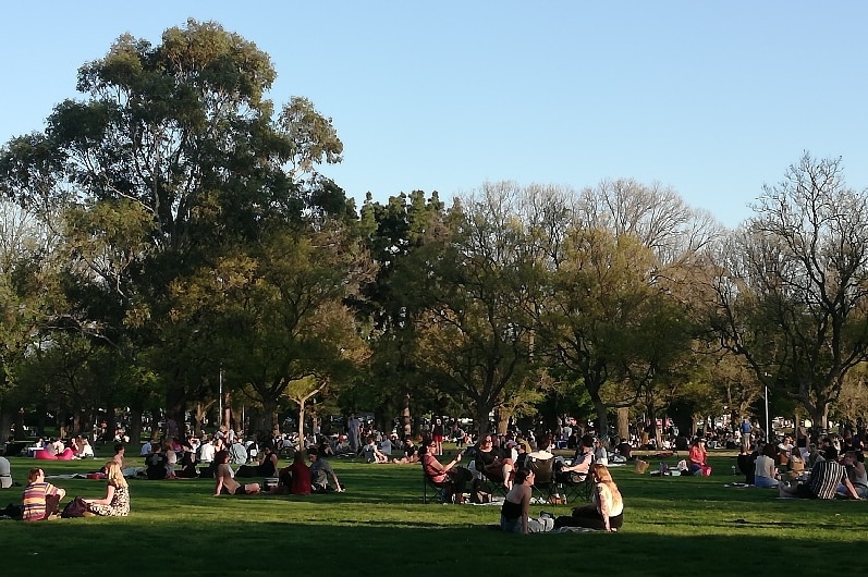 A park is packed with groups of people sitting together, all in groups, with distances between them.