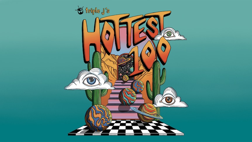 Design for Hottest 100 2023 shows a cartoon checkered floor with a staircase, eyes in clouds and planets with a green background