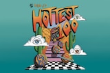 Design for Hottest 100 2023 shows a cartoon checkered floor with a staircase, eyes in clouds and planets with a green background