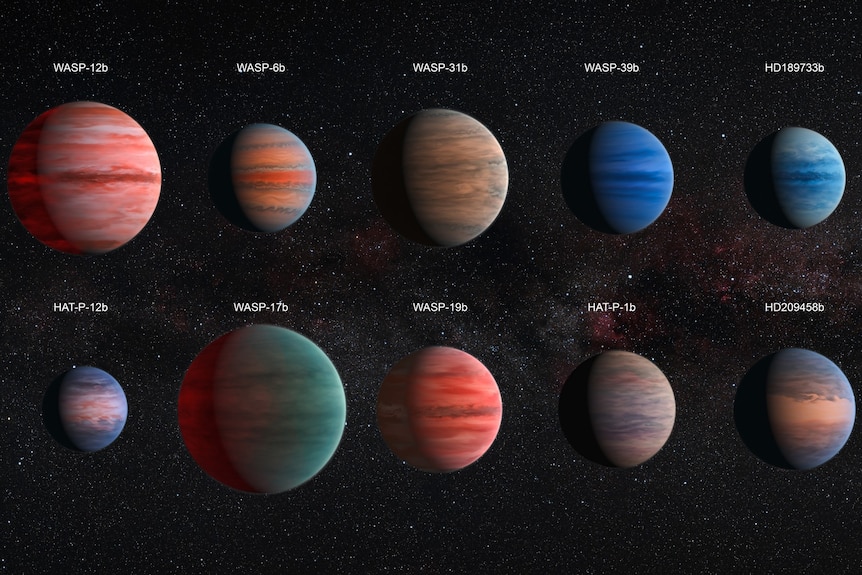 Ten Jupiter-like planets of different size and colour