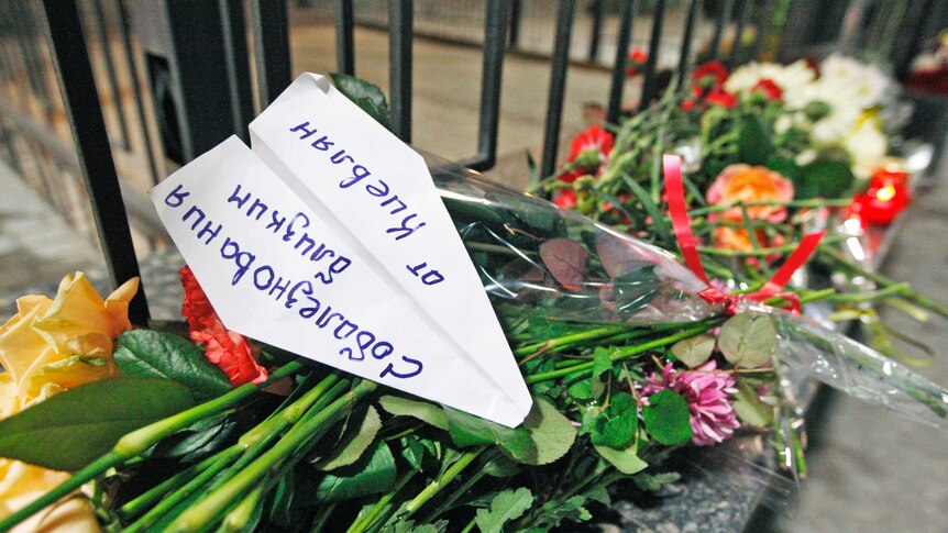 Flowers at memorial for victims of Russian passenger plane crash