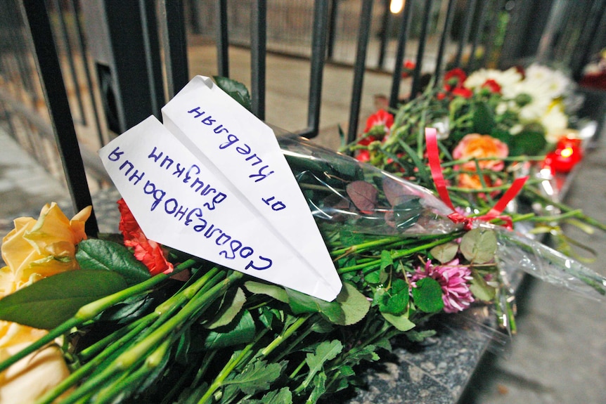 Flowers at memorial for victims of Russian passenger plane crash