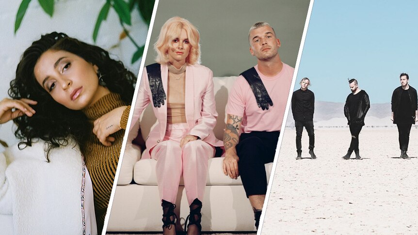 a collage of triple j Best New Music artists: Wafia, Broods, and RÜFÜS DU SOL