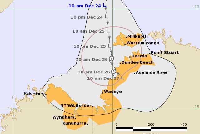 Cyclone track map marking watch zone along coast  from the Tiwi Islands to Kalumbru, WA. Crossing as cat 1 south of Dundee Beach
