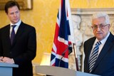 Mahmud Abbas speaks during a joint press conference with Nick Clegg.