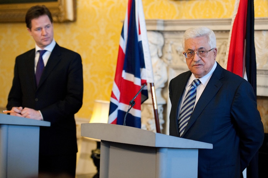 Mahmud Abbas speaks during a joint press conference with Nick Clegg.