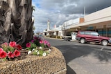 Small flower garden and parked cars in the main street of Goondiwindi. 