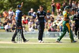 New Zealand's Trent Boult celebrates his dismissal of South Africa's David Miller in Christchurch.