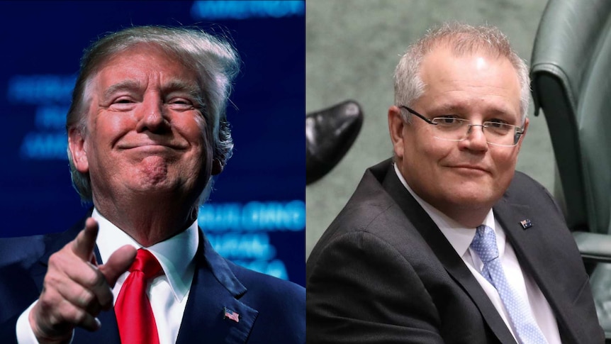 A composite of Trump smiling and pointing and Scott Morrison smiling.