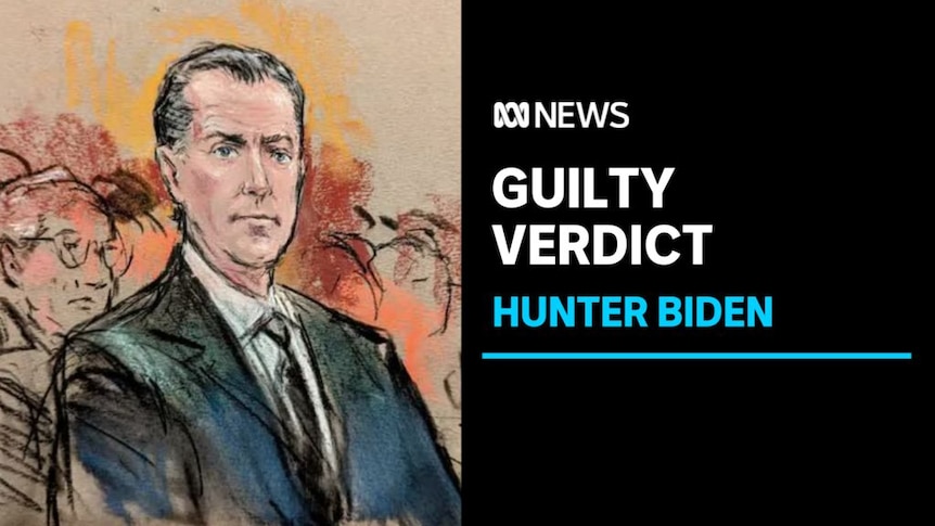 Guilty Verdict, Hunter Biden: A courtroom sketch of Hunter Biden in a suit.