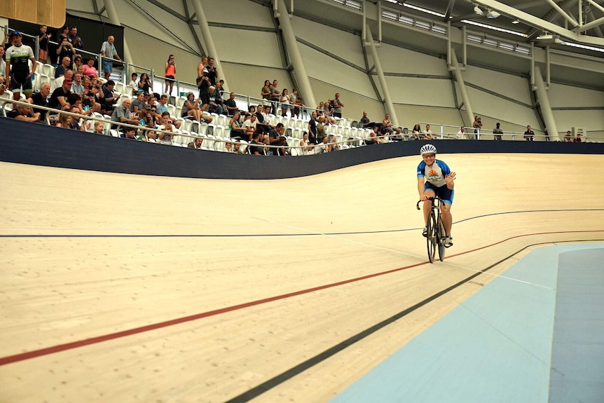 Olympian Anna Meares rides around the Anna Meares Velodrome