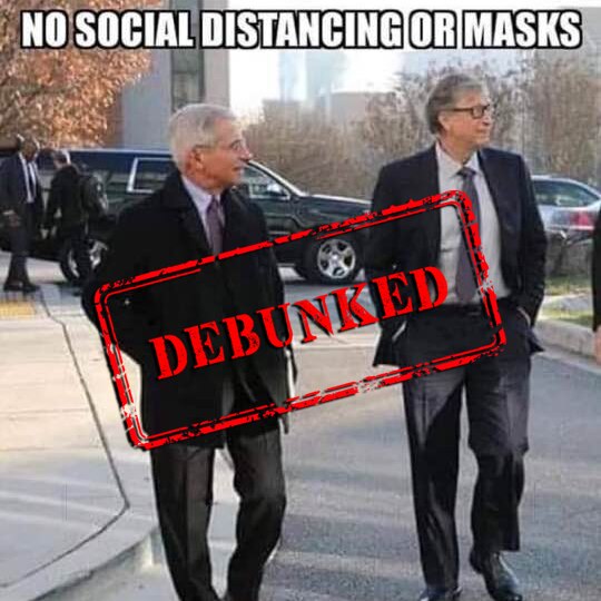 A meme with Dr Anthony Fauci and Bill Gates walking side by side, with a large debunked stamp overlayed