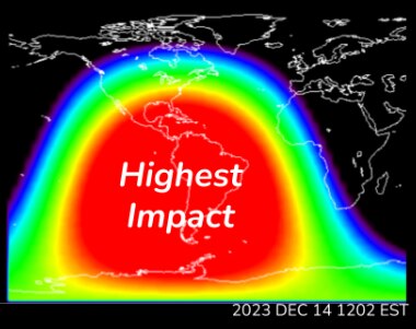 A basic map of the world, showing a large coloured area over north and south Ameria, labelled 'Highest impact'