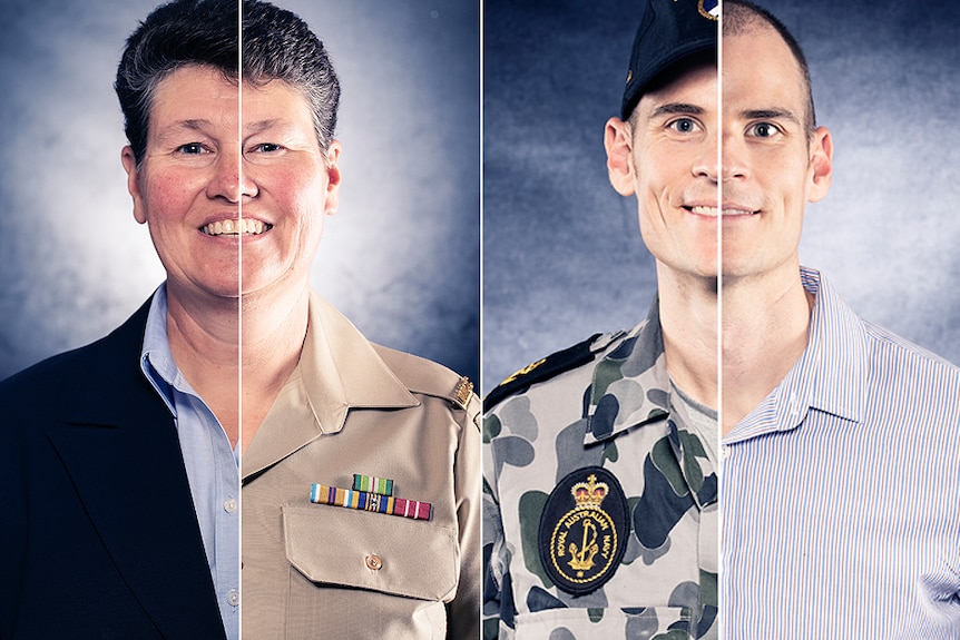 A composite image of two soliders in uniform and plain clothes.