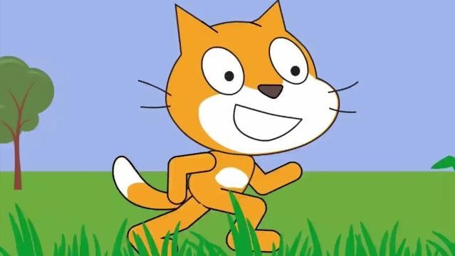 Cartoon cat walks on grass