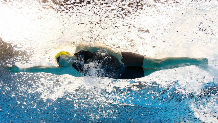 Cate Campbell competes at the 2016 Rio Olympics, in a women's 50m freestyle heat at the Olympic Aquatics Stadium in 2016.