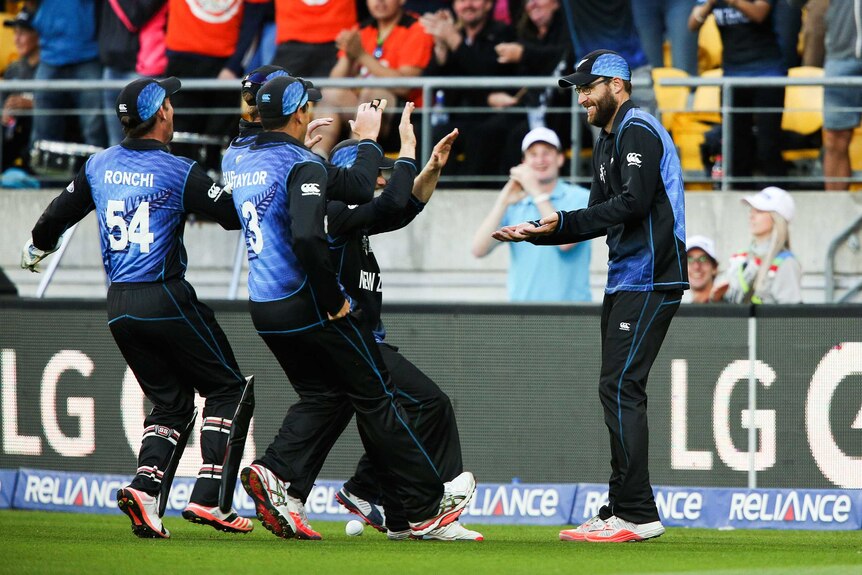 Daniel Vettori is congratulated by New Zealand team-mates after his catch to dismiss West Indies' Marlon Samuels