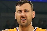 A Sydney Kings NBL player stands with his arms held out wide on the court.