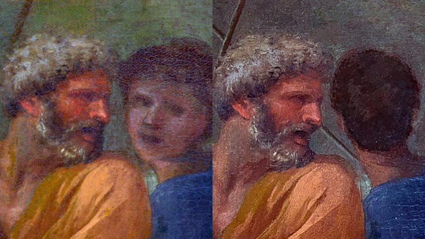 Before and after of The Crossing of the Red Sea, by Nicolas Poussin.