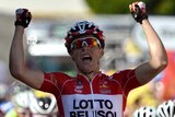 Tony Gallopin celebrates winning the 11th stage of the Tour de France