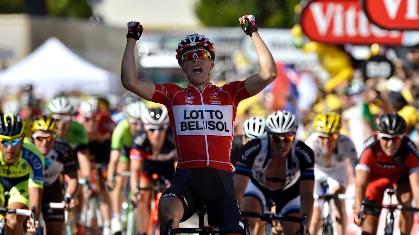 Tony Gallopin celebrates winning the 11th stage of the Tour de France