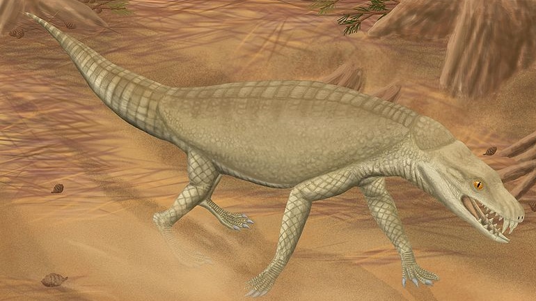 Illustration of an ancient reptile with pointy teeth.