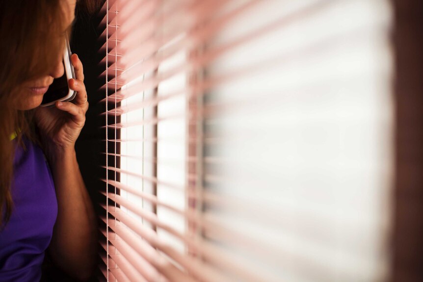 A woman uses her mobile phone while looking through horizontal blinds.
