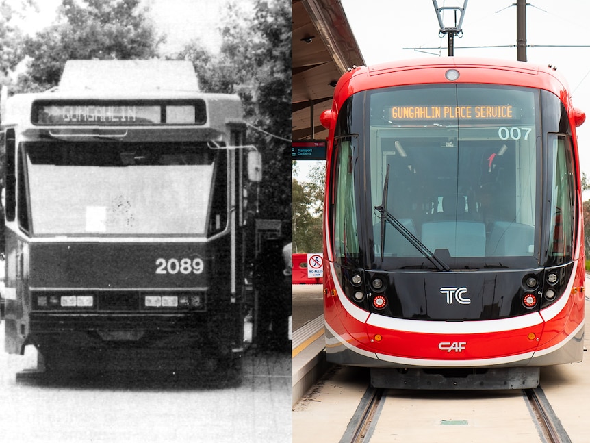 An old black and white image of a tram going to Gungahlin next to a new red light rail also going to Gungahlin.