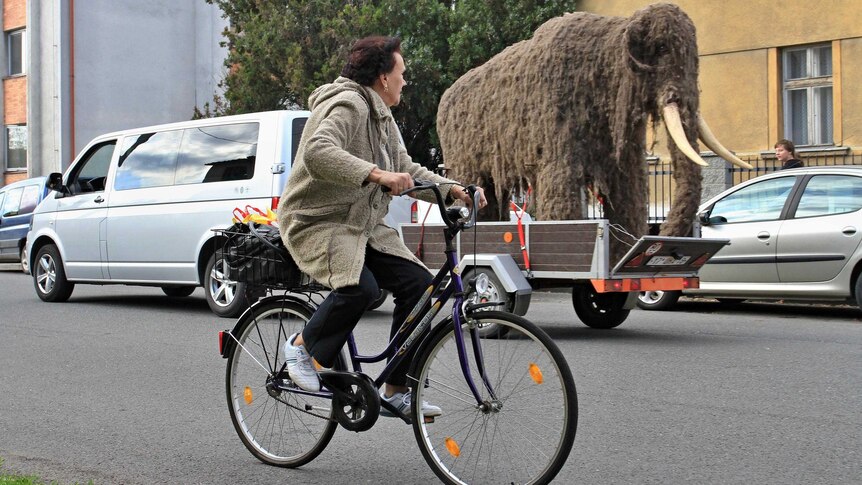 A woman rides past a replica of a mammoth in the Czech Republic.