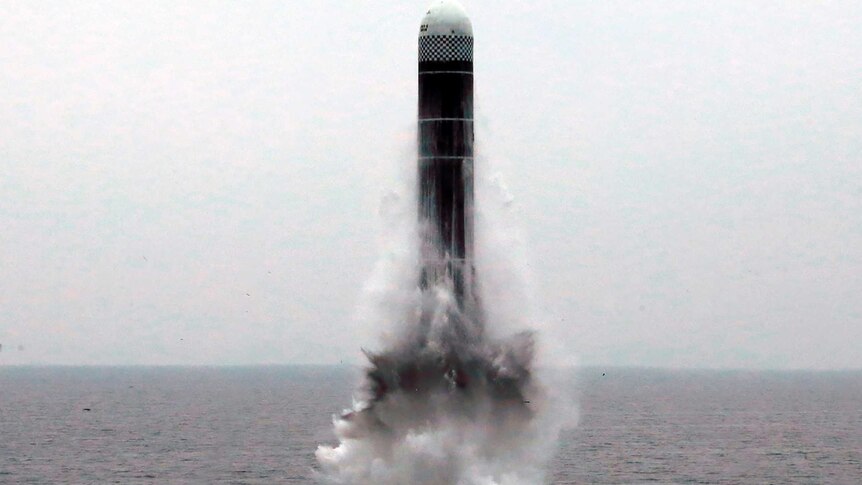 A black and white missile emerges from the sea.