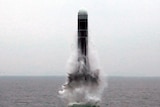 A black and white missile emerges from the sea.