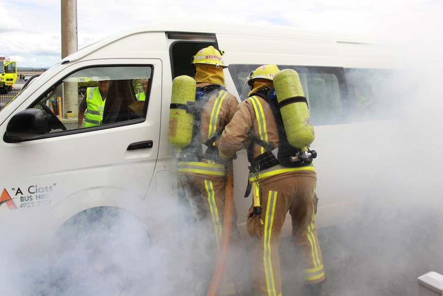 The disaster training for emergency services saw a mini-bus, posing as a plane, crash into the Rockhampton terminal.