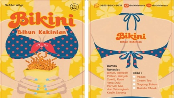 A package shows a cartoon image of a woman in a bikini holding a packet of noodles.