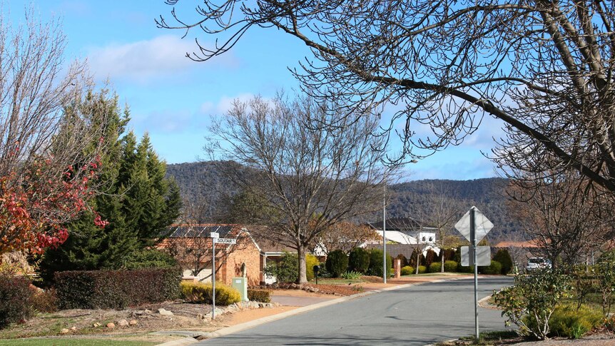 Suburban street in Kambah with houses and hills in the distance.