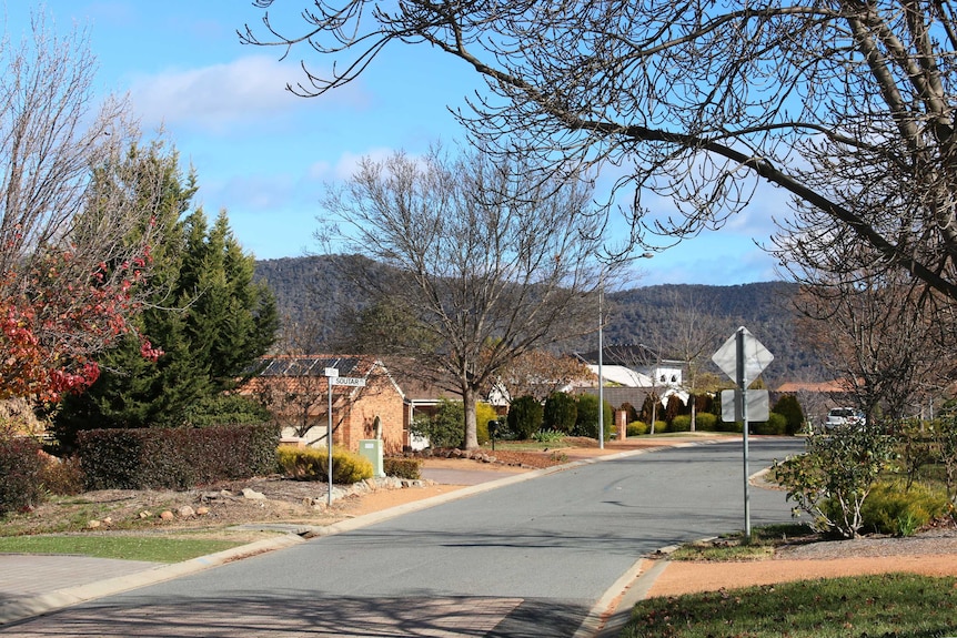 Suburban street in Kambah with houses and hills in the distance.