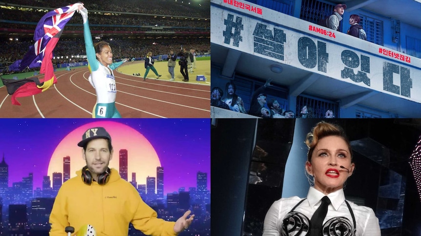composite image of Cathy Freeman running, Madonna singing, actor Paul Rudd and a film poster