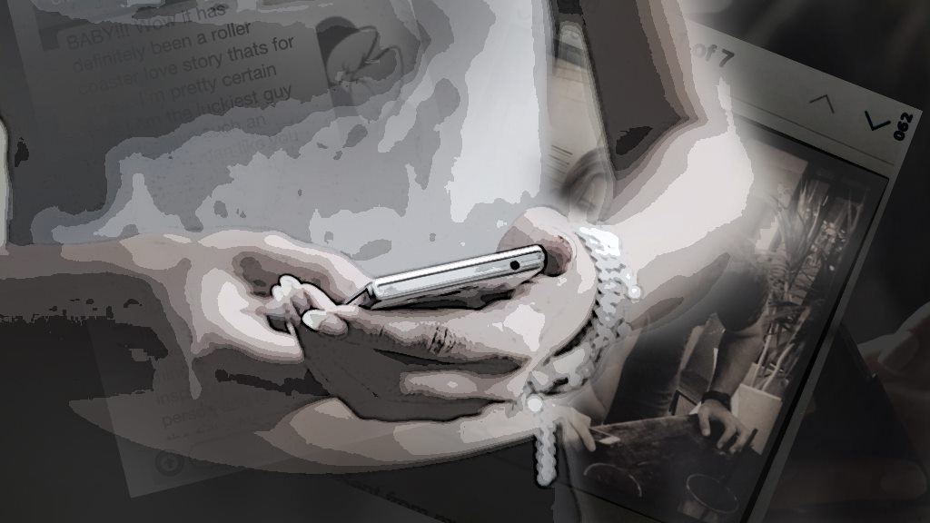 A manicured hand holds a mobile phone in a black and white graphic.